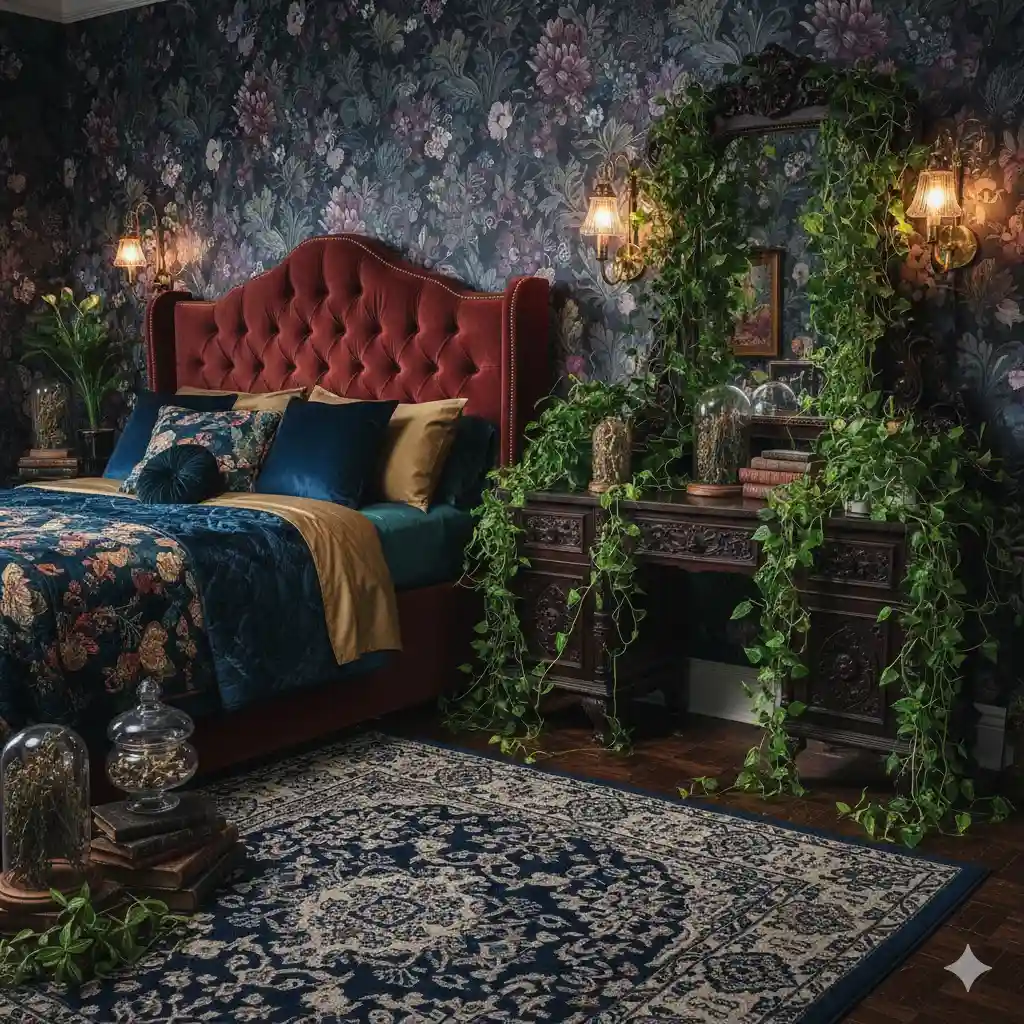 Botanic Witch bedroom with floral wallpaper and velvet oxblood bedding.