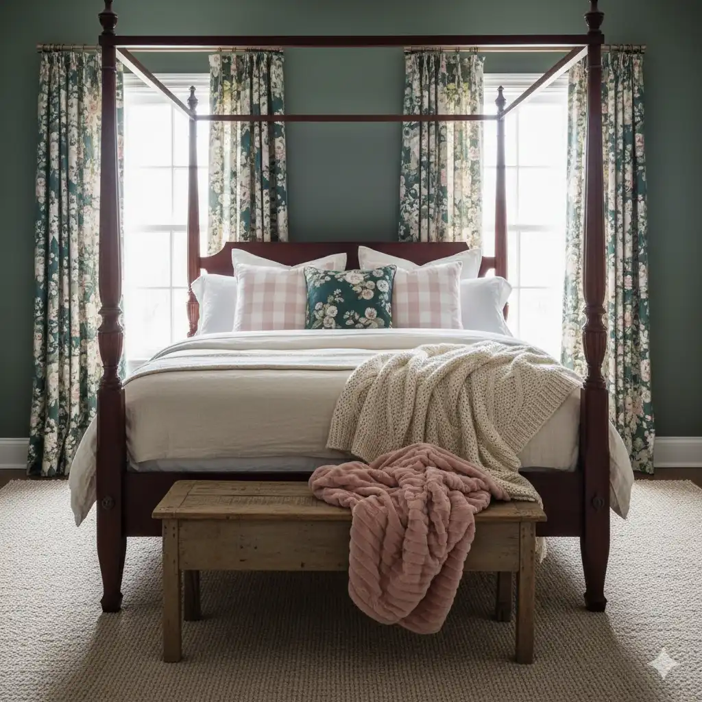 Cottagecore Moody bedroom with sage green walls and a four-poster bed.