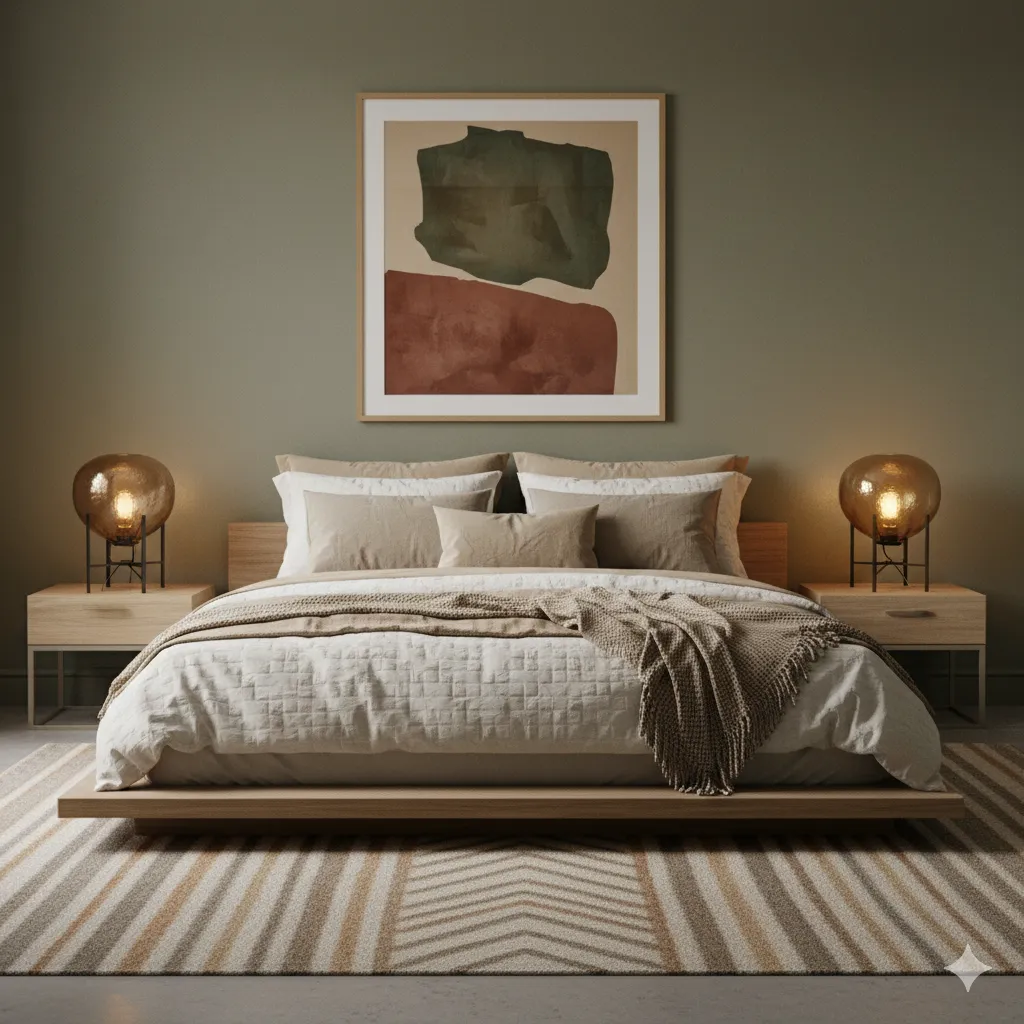 Earthy Incognito bedroom with olive walls and matte quilting.