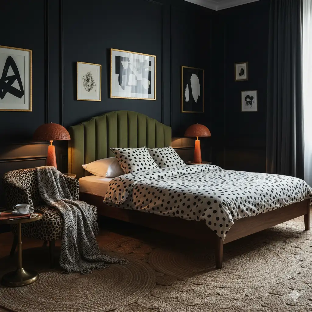 Eclectic Noir bedroom with inky walls and an olive green headboard.