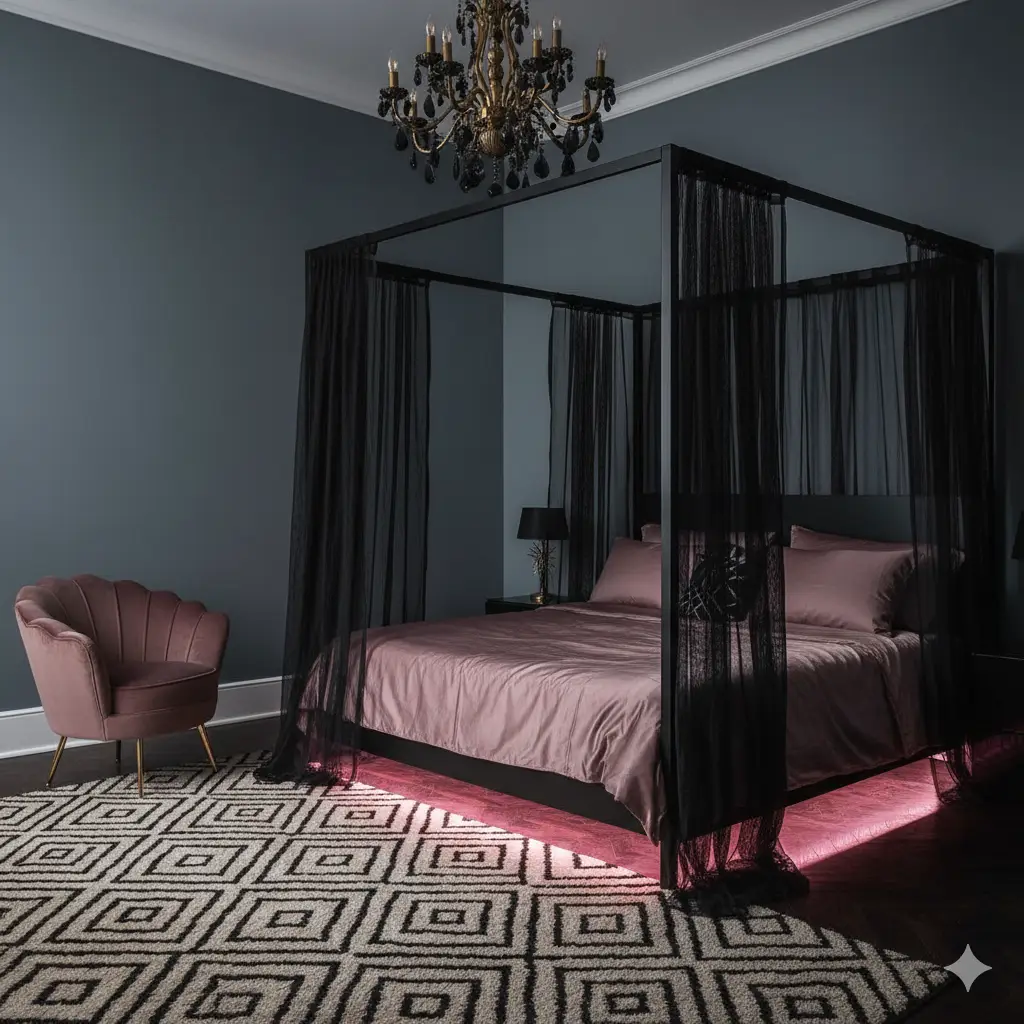 Goth Glam bedroom with a black canopy and pink underglow.