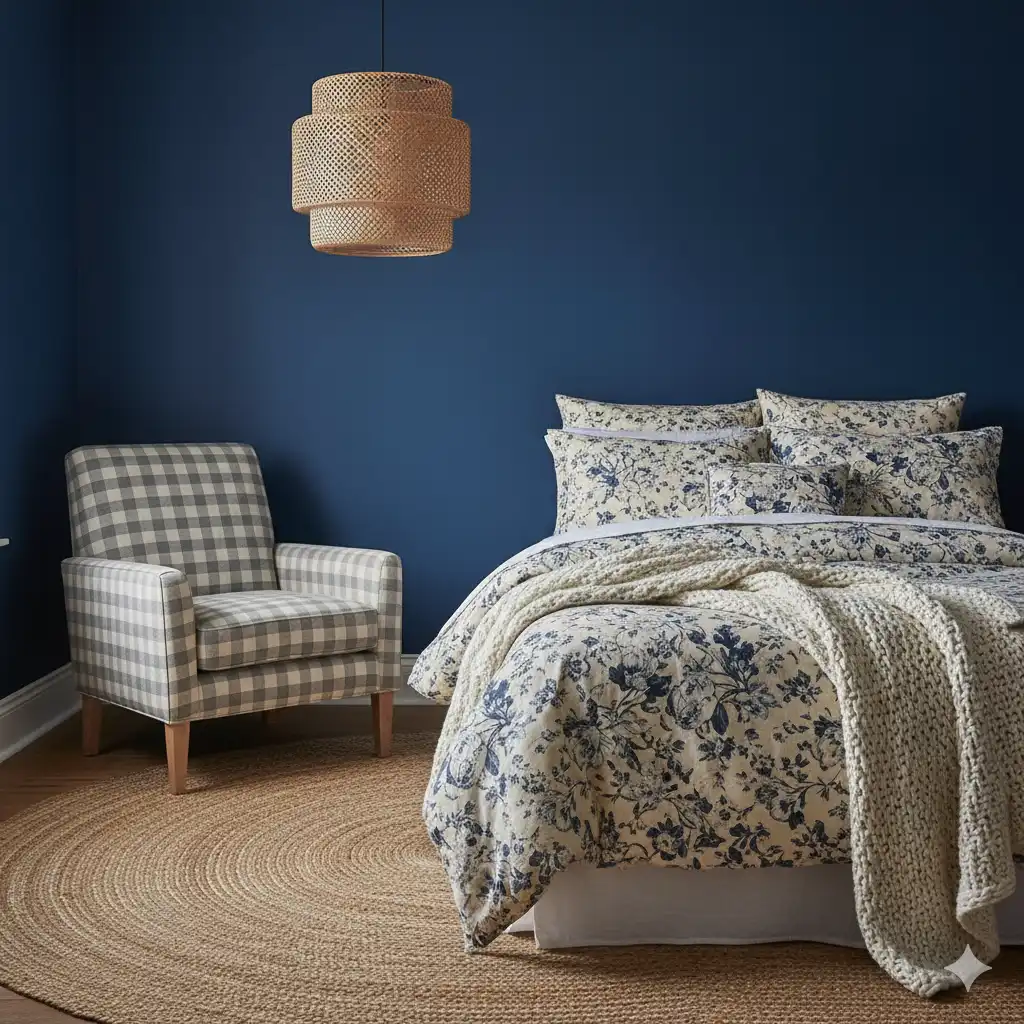 Lush Layers bedroom with inky walls and gingham chairs.