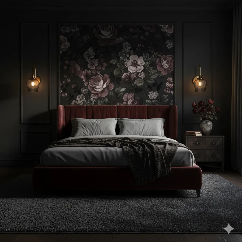 Midnight Garden bedroom with ink-black walls and a blooming mural.