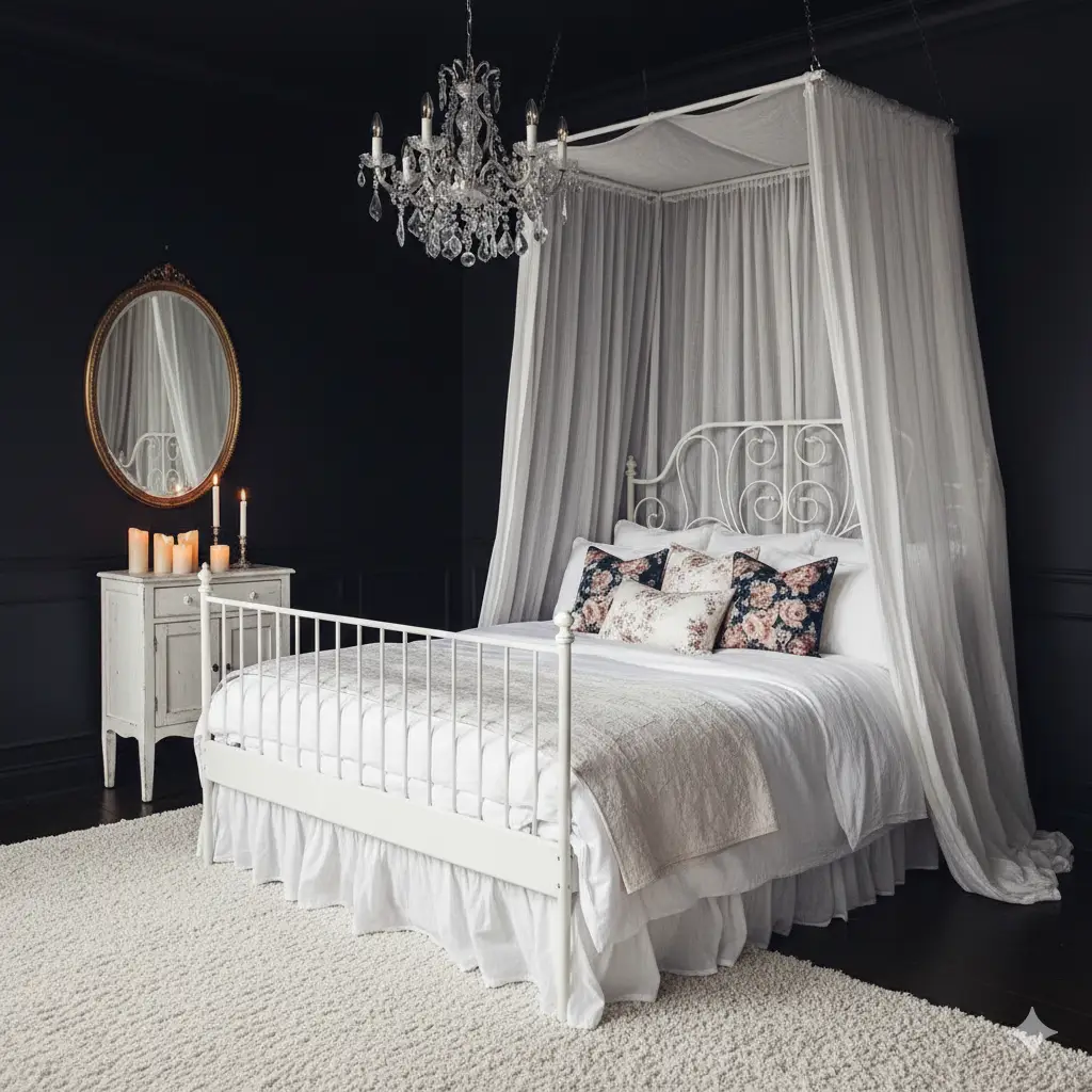 A beautifully decorated dark feminine bedroom with a romantic canopy bed.