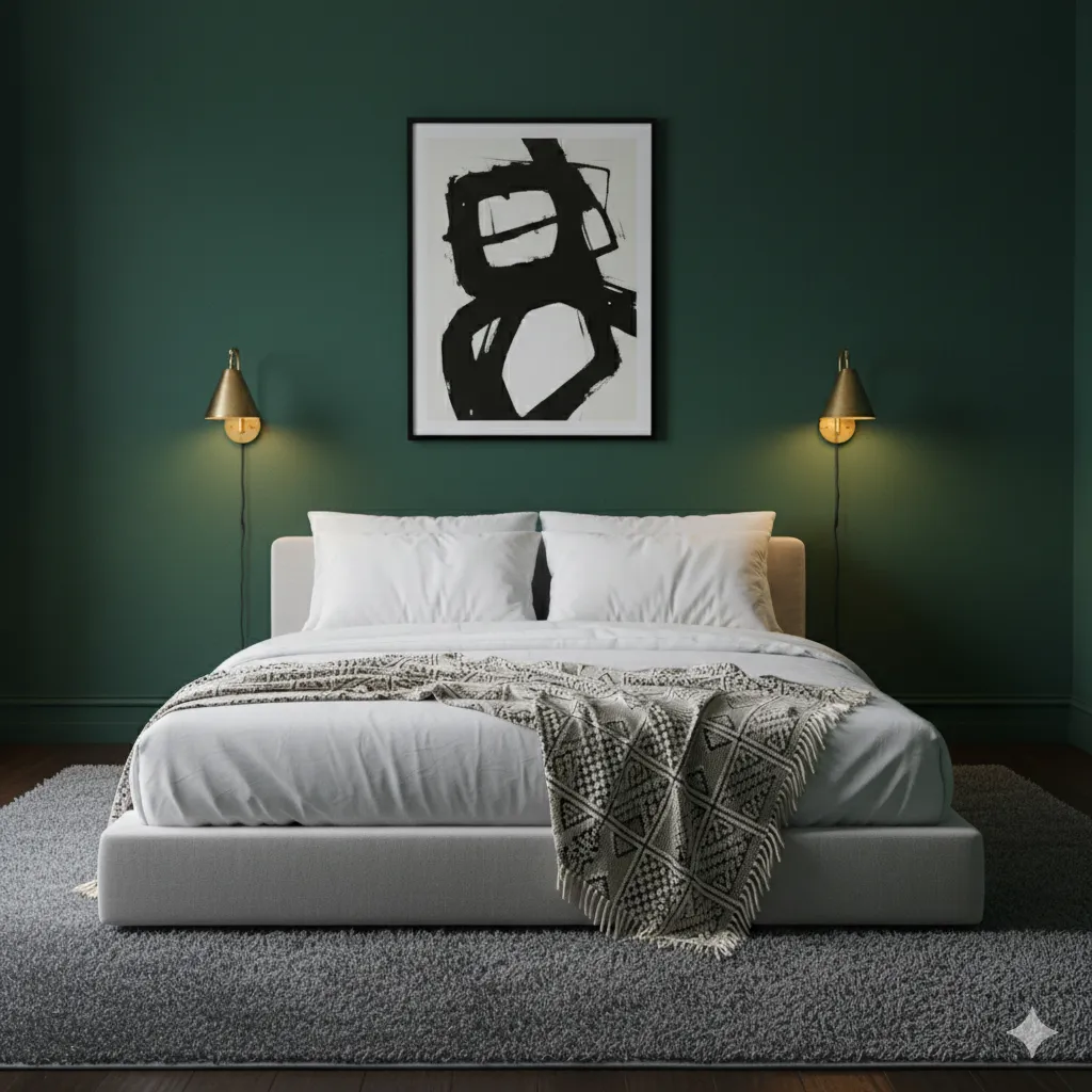 Modern Mood bedroom with deep green walls and minimalist art.