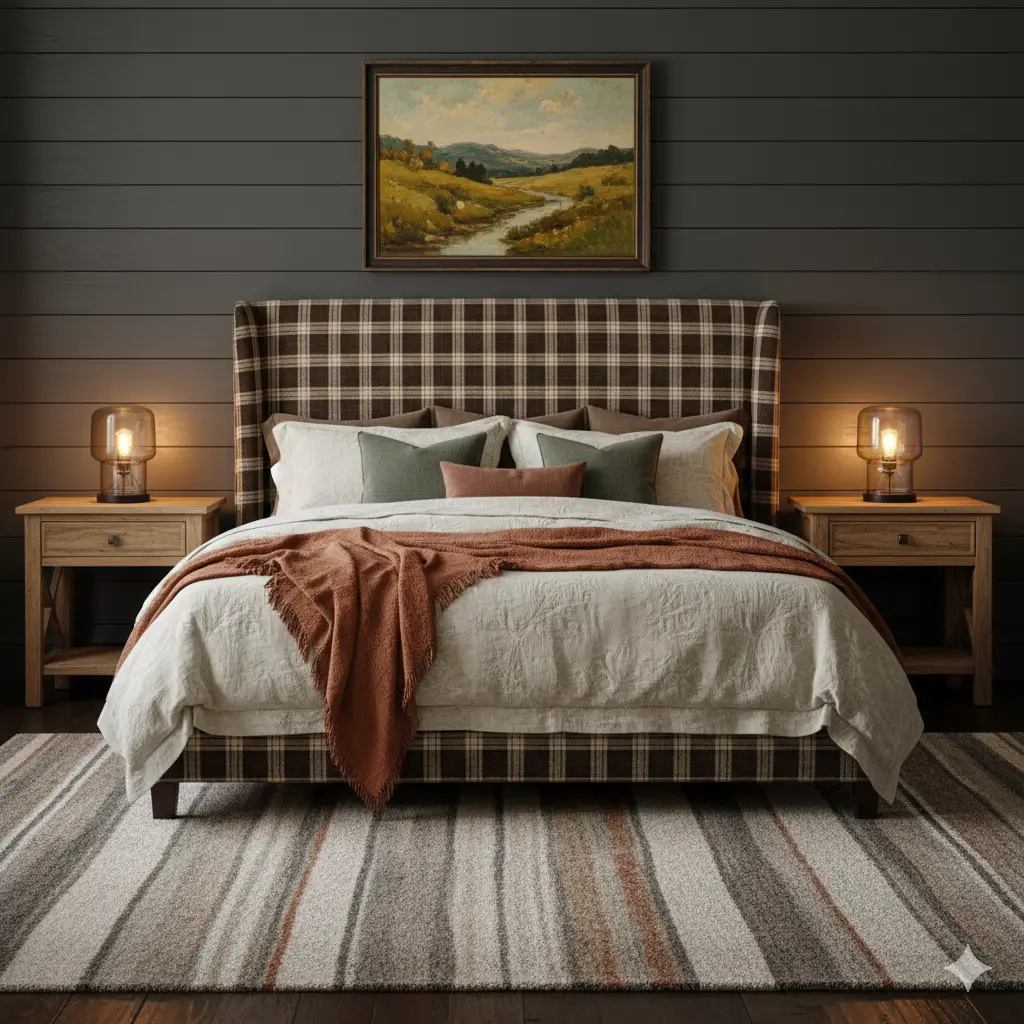 Rustic Chic bedroom with a plaid headboard and earthy tones.