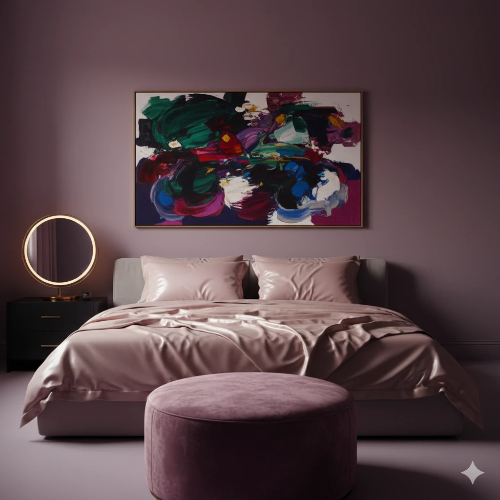 Silk Shadows bedroom with mauve walls and pink champagne silk bedding.