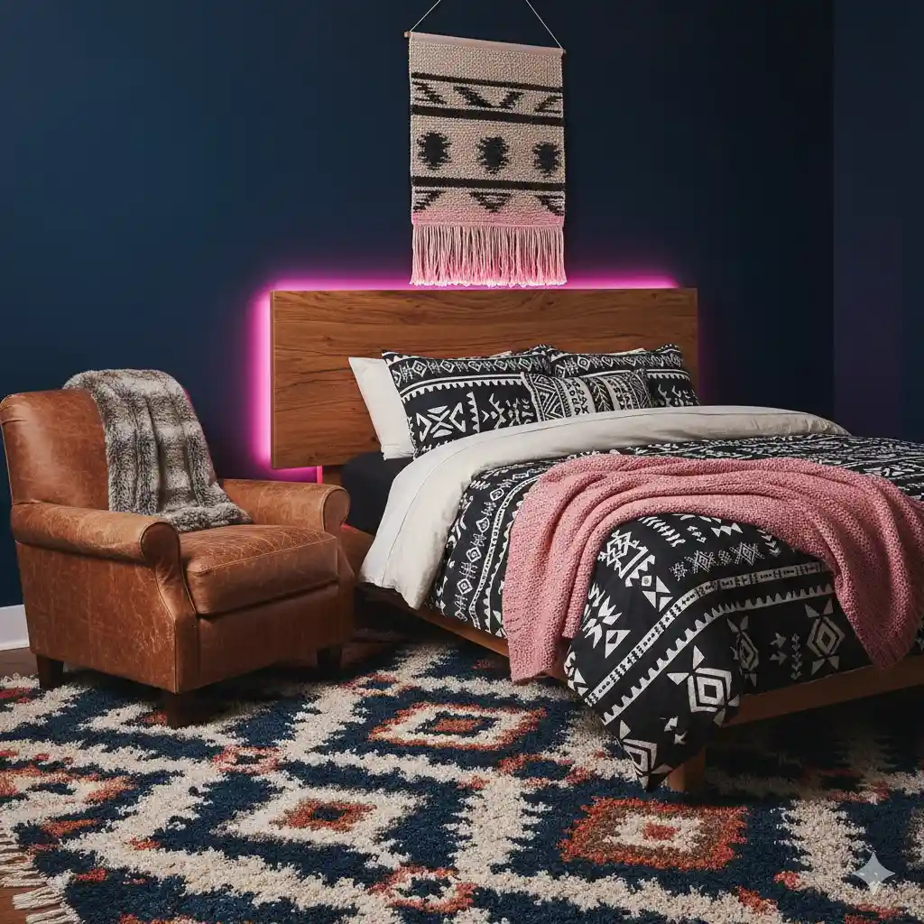 Modern Western bedroom with neon glows and a rugged wood headboard.